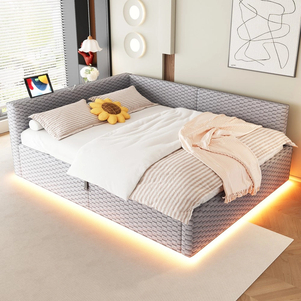 Letto Imbottito 140x200 con LED ¨C Xylo ¨C Velluto Grigio, Testiera a L, Idraulico