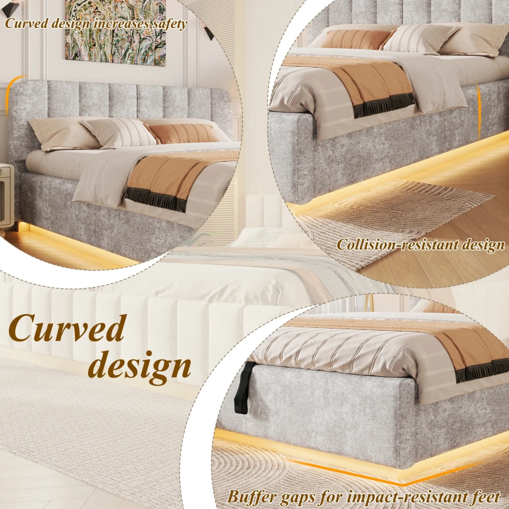 Letto matrimoniale imbottito 140x200 cm, testiera trapuntata con striscia LED, rete a doghe e sollevatore idraulico, tessuto chenille grigio chiaro, senza materasso