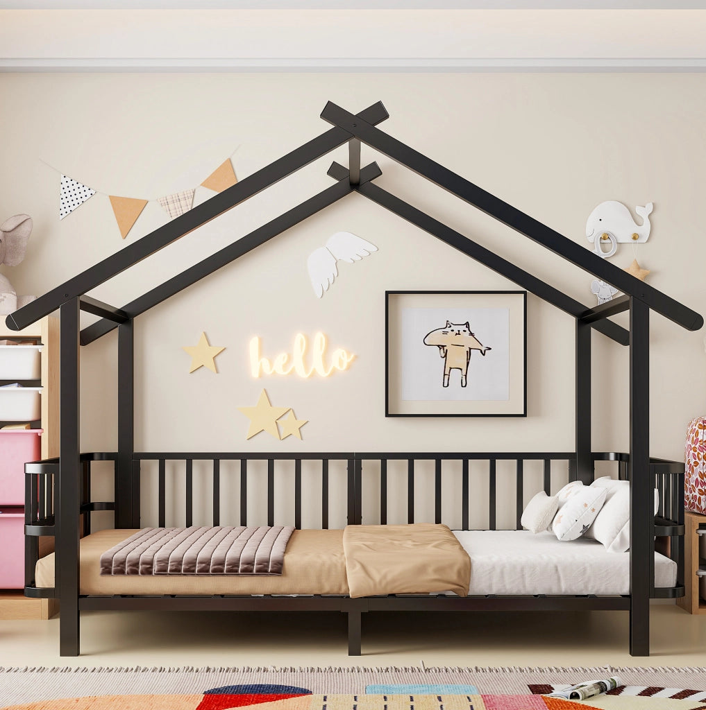 Letto singolo per bambini 90x200 cm a casetta in metallo nero con sponde di sicurezza HOMVRA
