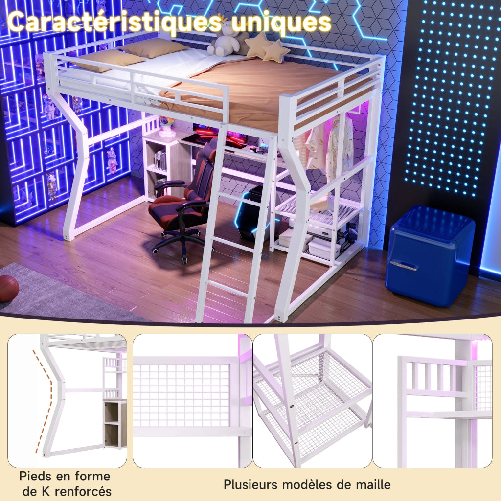 Letto a soppalco 140 × 200 cm con scrivania vani appendiabiti LED presa integrata in metallo e MDF bianco