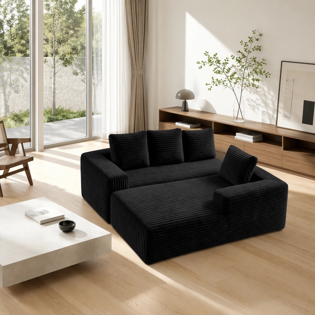 Divano modulare a L con chaise longue reversibile in velluto a coste nero