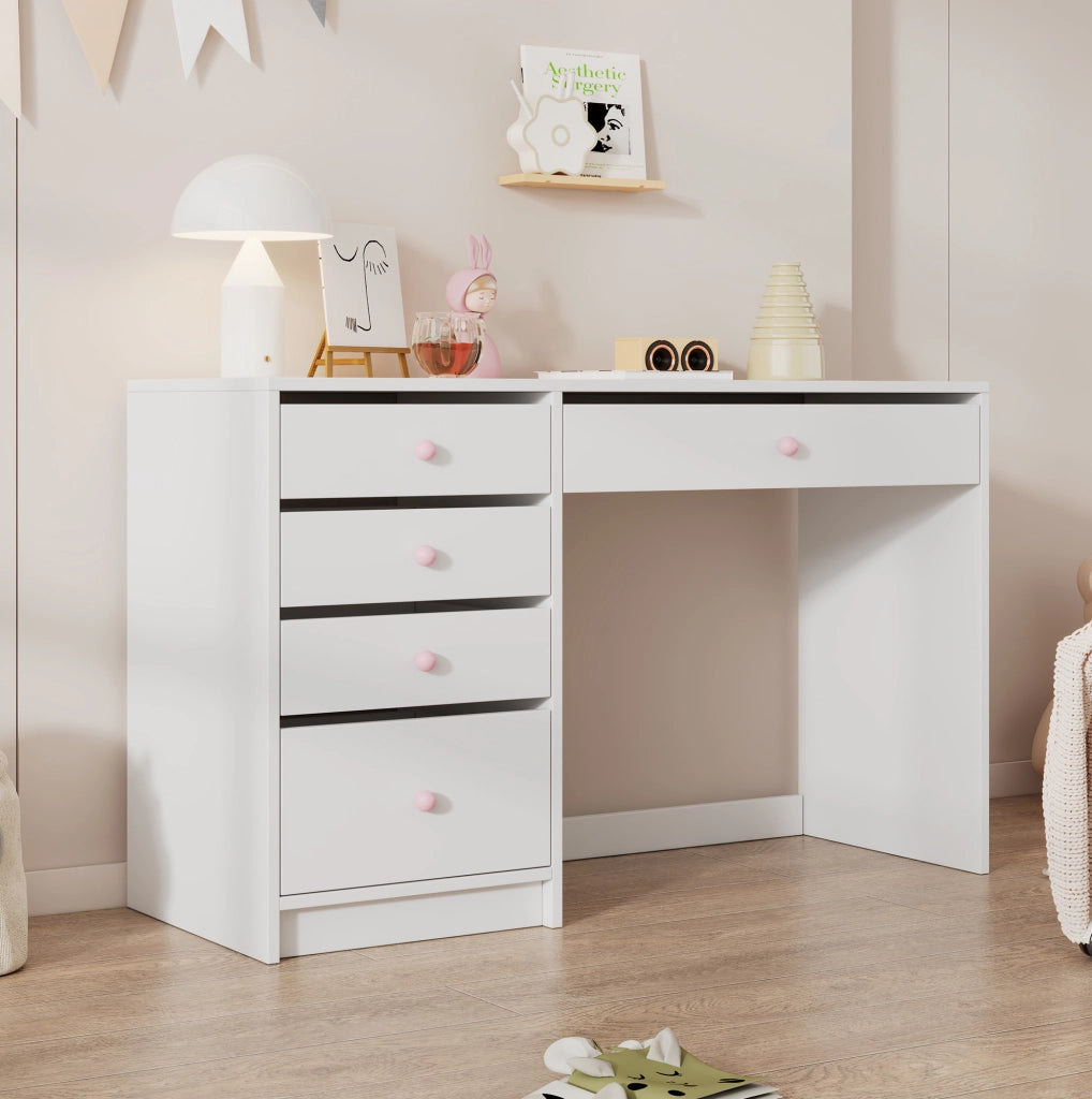 Scrivania bianca 120×45×74 cm con 5 cassetti e maniglie rosa in ceramica, adatta a bambini e adulti