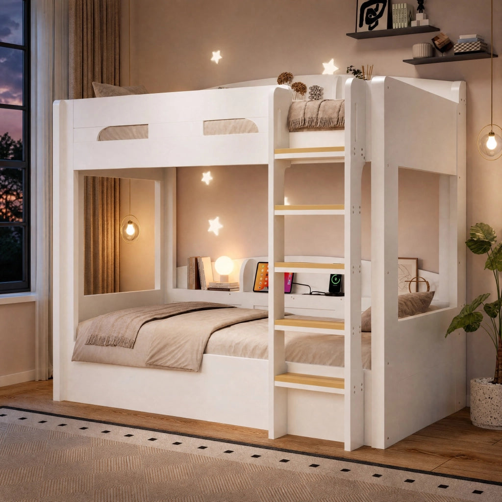 Letto a castello con presa USB e ripiani laterali 90 x 200 cm