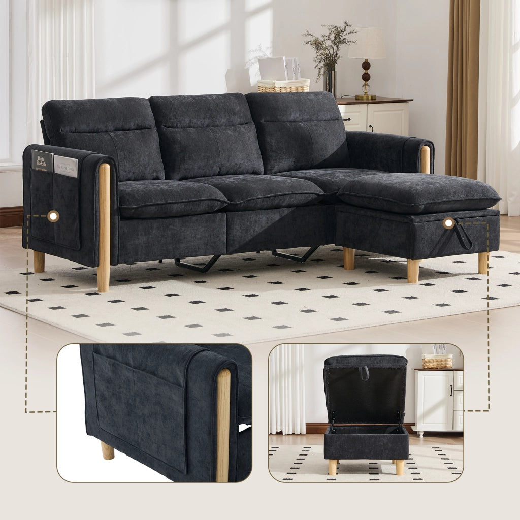 Divano angolare a 3 posti in chenille nero con pouf contenitore e chaise longue reversibile 201 × 77 × 86 cm