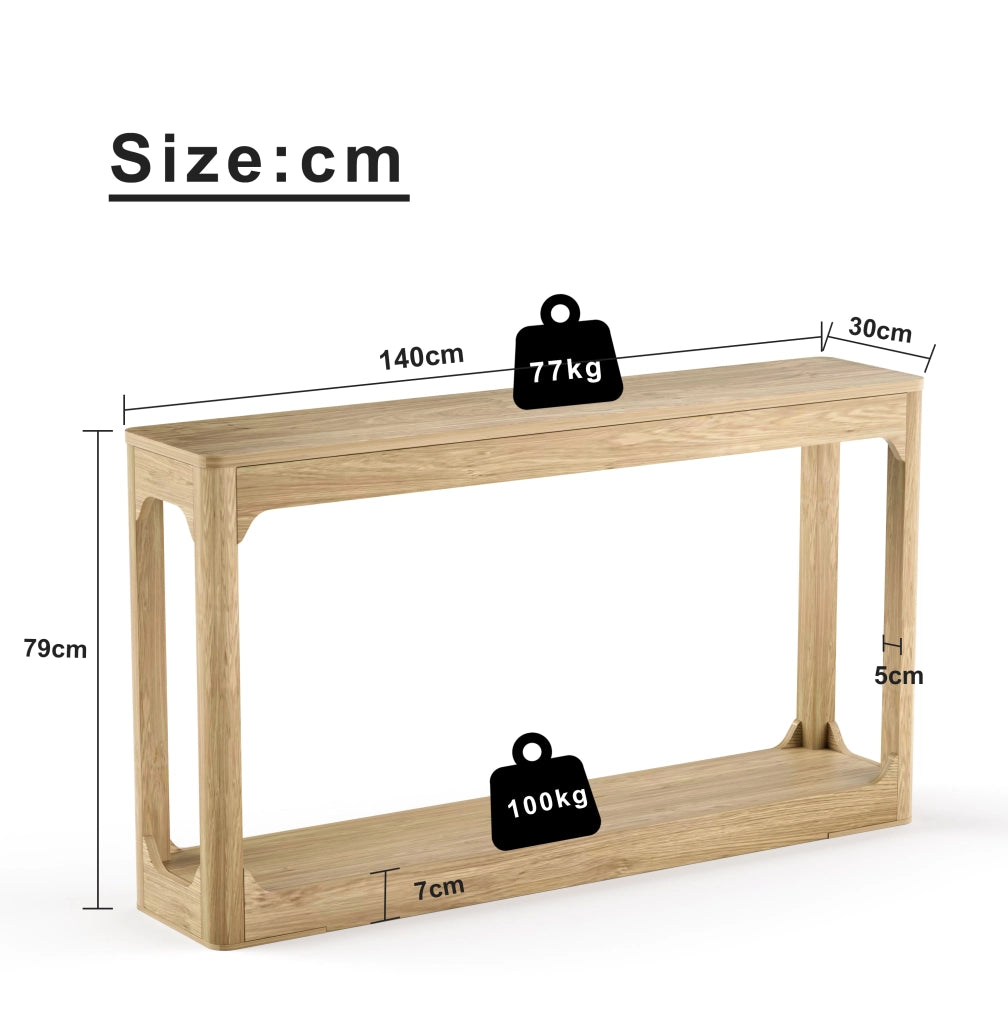 Consolle stretta con ripiani aperti in MDF colore naturale per ingresso e dietro il divano lunghezza 140 cm