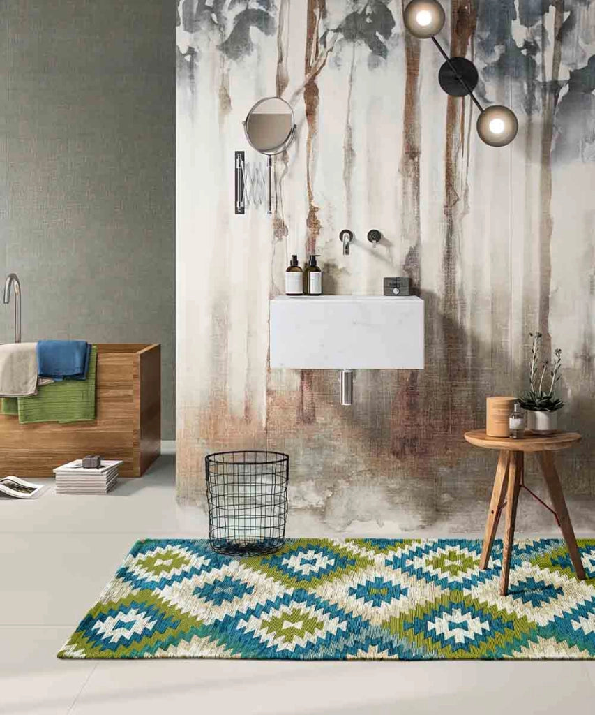 Tappeto moderno AVANA VERDE BLU geometrico etnico kilim, Tappeto arredo soggiorno salotto camera lavabile anti-scivolo cm.140x200