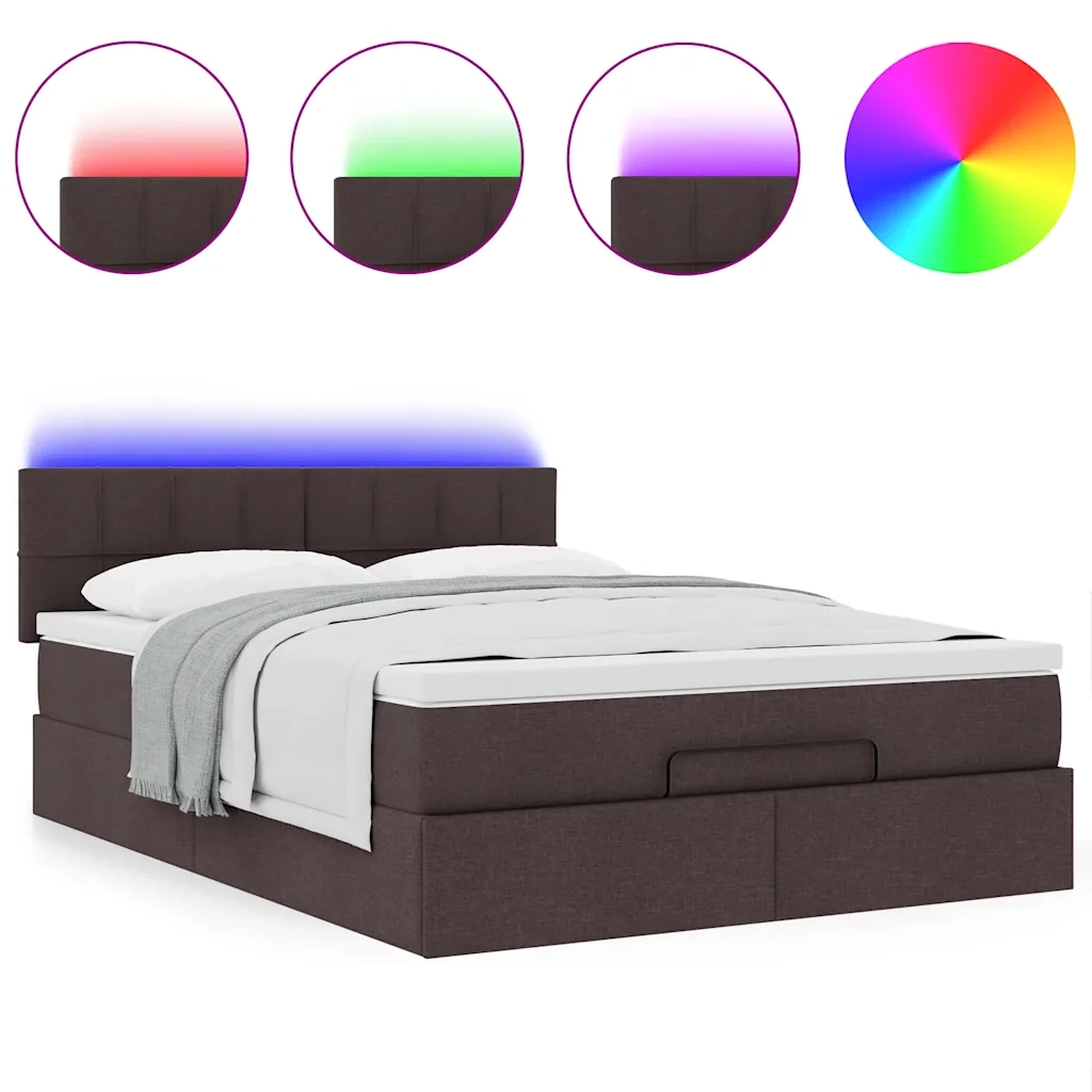 Pouf Letto con Materasso e LED Marrone Scuro 140x190 cm