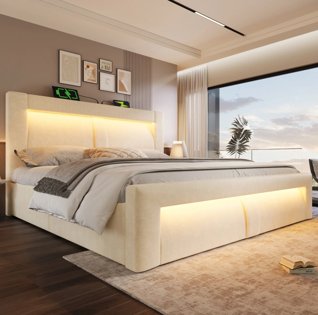 Letto matrimoniale 160x200 cm con contenitore, LED e porte USB