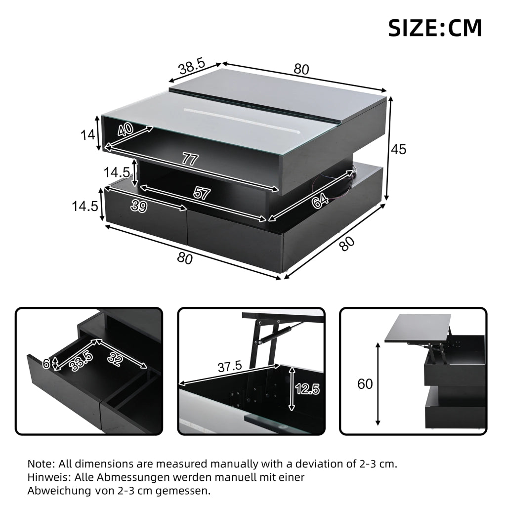 Tavolino da salotto elevabile 80 x 80 x 45 cm nero in truciolare e vetro temperato con 2 cassetti e LED