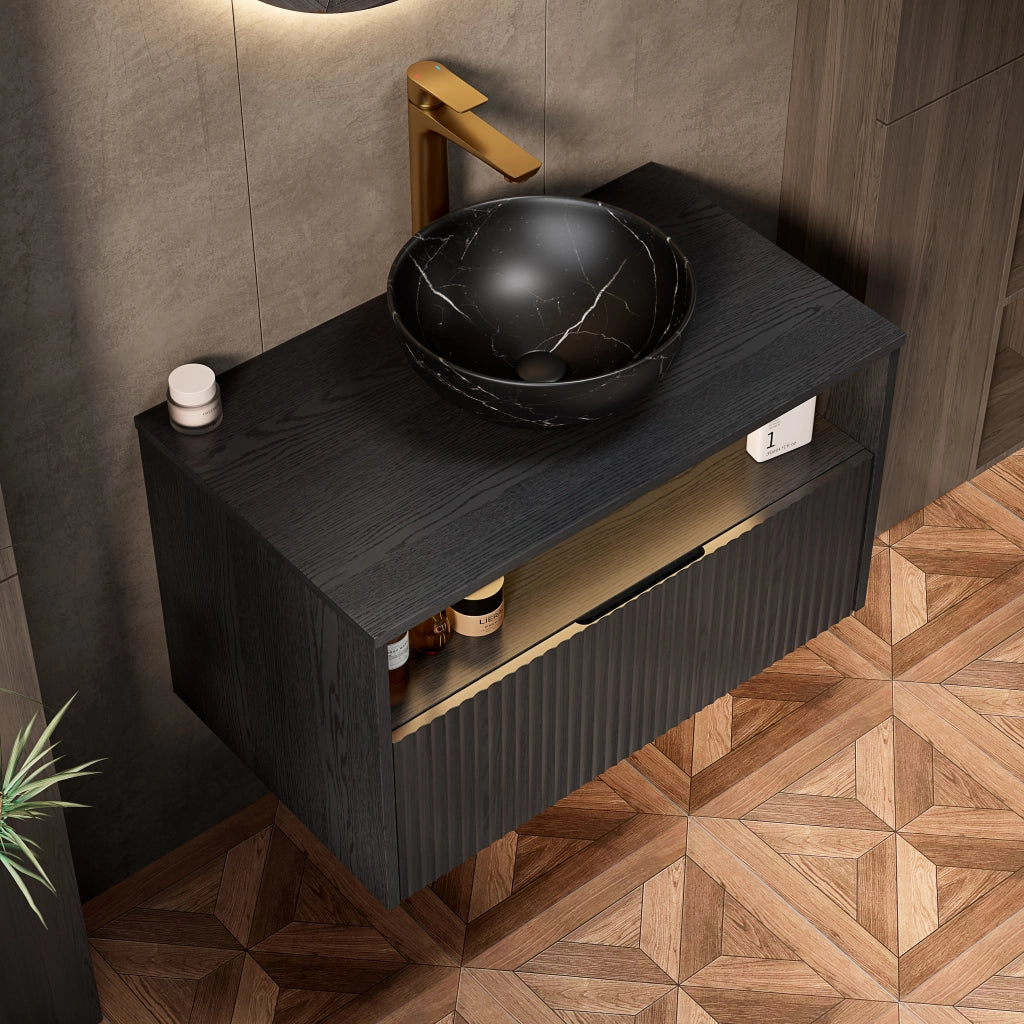 Mobile bagno sospeso con 1 cassetto e 1 vano aperto; lavabo in ceramica; LED con sensore e chiusura ammortizzata; nero 80×46×60.8 cm