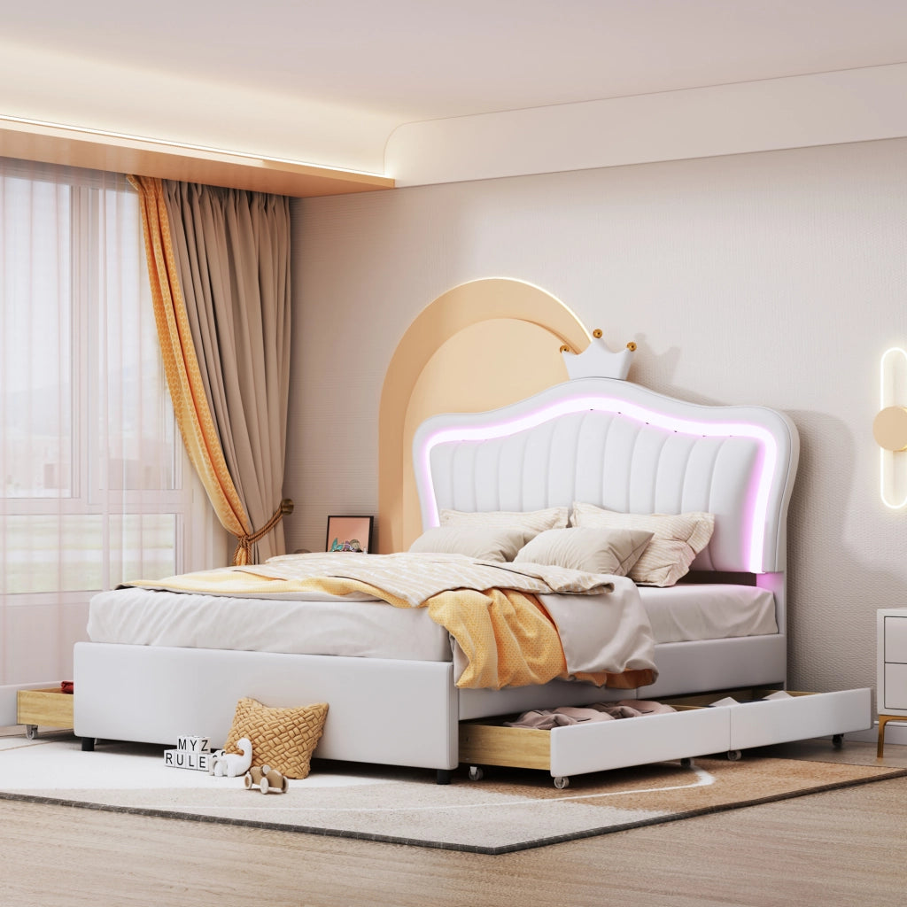 Letto imbottito a forma di conchiglia con LED e 4 cassetti
