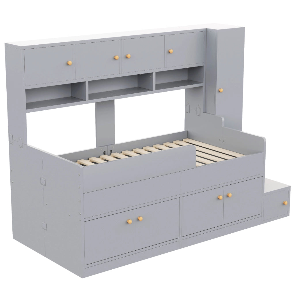 Letto a soppalco 90 × 200 cm con armadio scale contenitore LED in legno grigio con barriera e rete a doghe