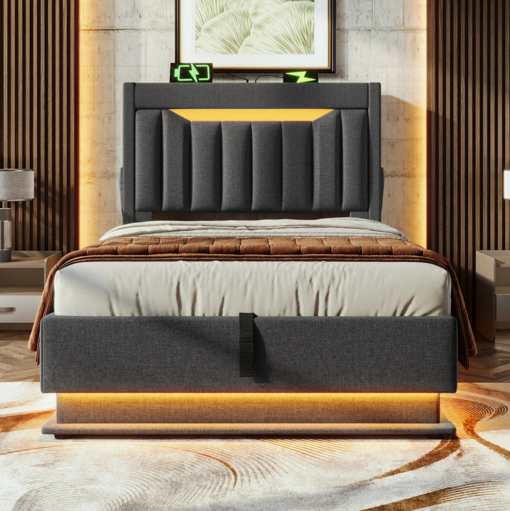 Letto singolo 90x200 con LED, testiera contenitore e porte USB