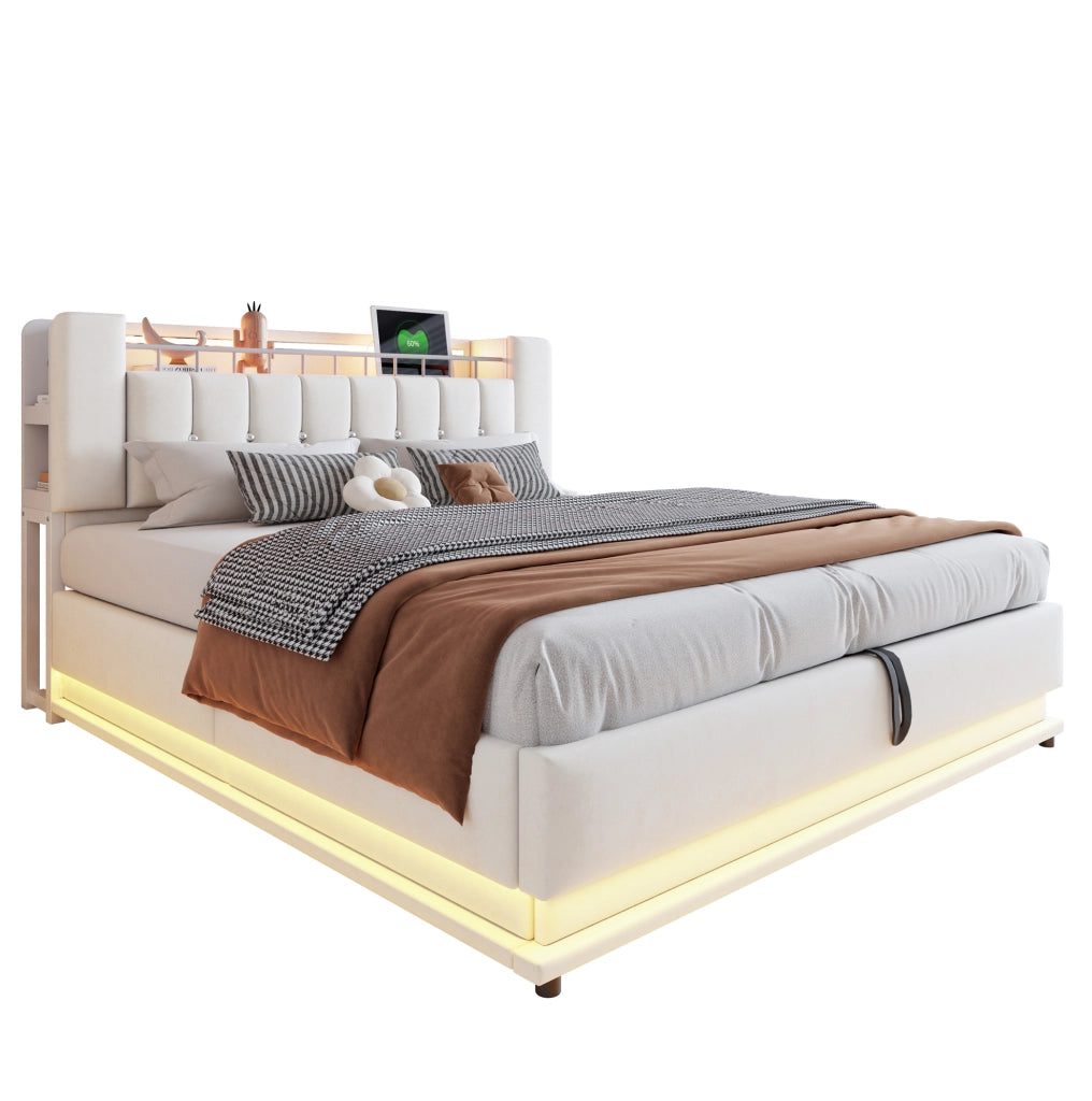Letto imbottito 180x200 cm con LED, USB e contenitore idraulico beige