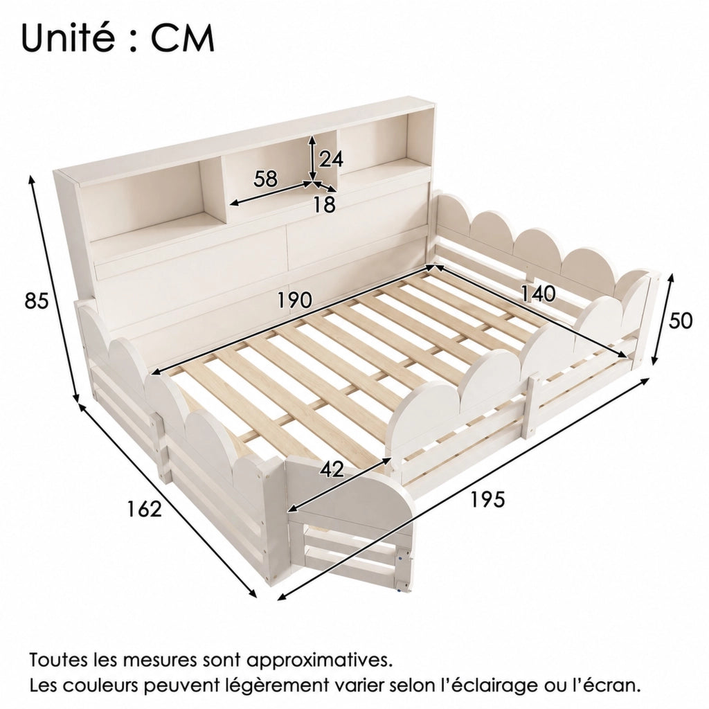 Letto per bambini 140 × 190 cm con barriera; porta e 3 ripiani; senza materasso; in legno; bianco