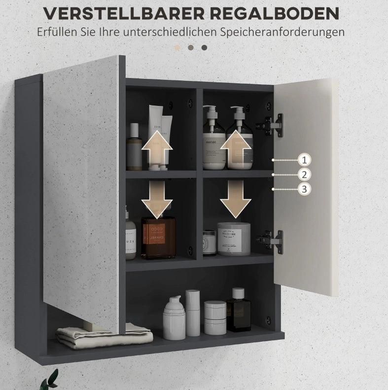 Mobile bagno con specchio ULEVR 55x17x55 cm, pensile con ripiani regolabili e vano aperto, grigio