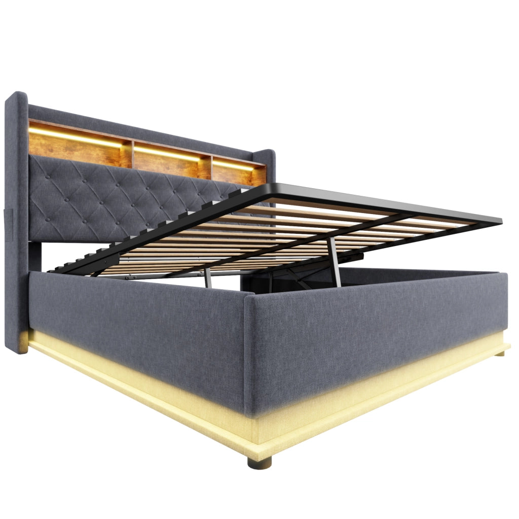 Letto imbottito LED con contenitore idraulico e porta USB 160x200 cm; grigio