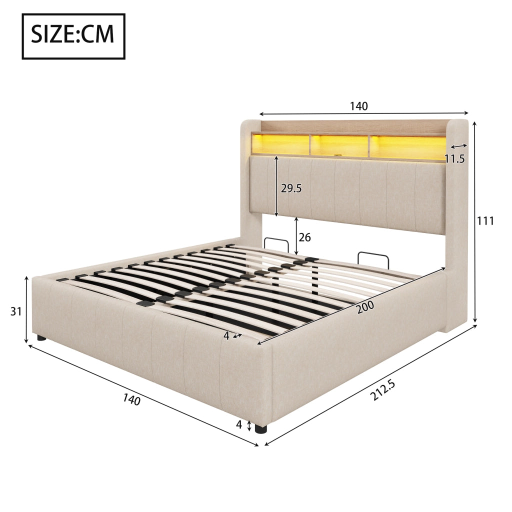 Letto matrimoniale 140 × 200 cm 2 posti con LED; USB; Type-C e contenitore idraulico; senza materasso; beige