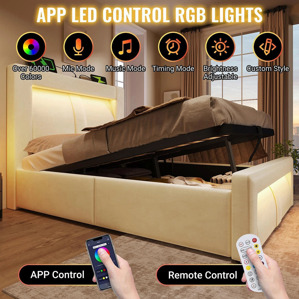 Letto matrimoniale-Xylo-160x200cm idraulico LED USB-C velluto beige
