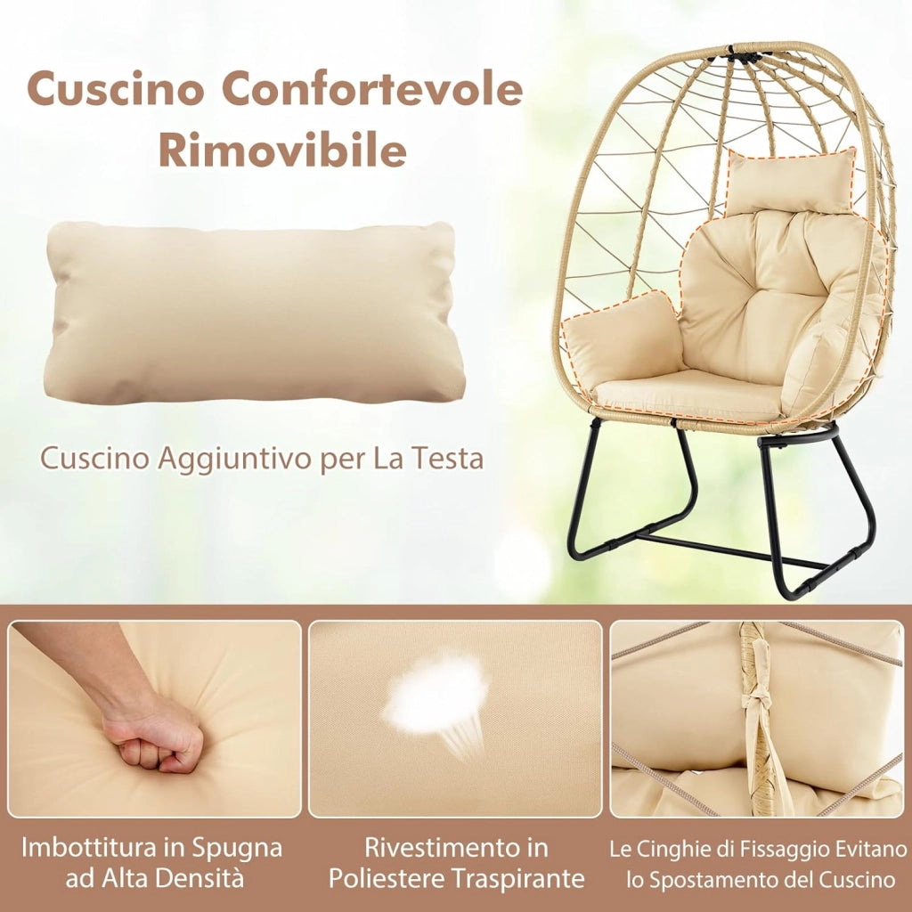Poltrona in Rattan da Giardino, Sedia a Nido con Cuscino Rimovibile, Supporto in Metallo, Sedia a Uovo da Interni ed Esterni, Portata 150 kg, 100 x 76 x 145 cm (Beige)