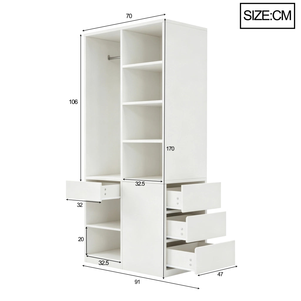 Armadio con cassetti, ripiani aperti e barra appendiabiti per camera da letto, in MDF bianco, 70 × 50 × 170 cm