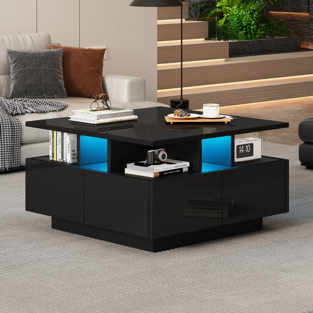 Tavolino da salotto nero lucido 70x70x40 cm con LED e 4 cassetti, design geometrico, capacità di carico 30 kg