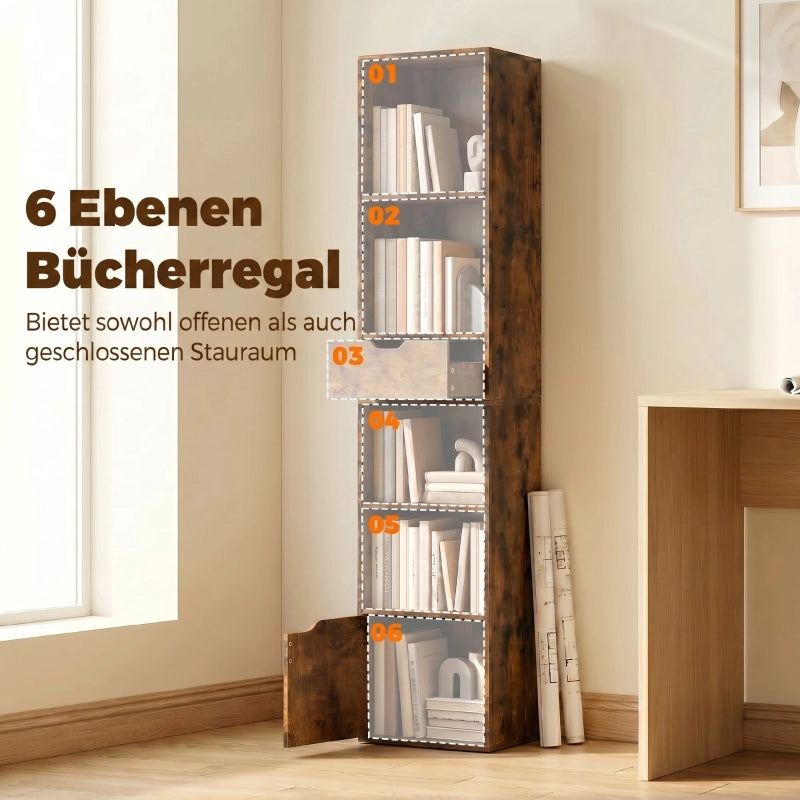 Libreria a 6 ripiani, regolabile su 3 livelli, con cassetto, anta, ripiano personalizzabile, ripiano espositivo, marrone