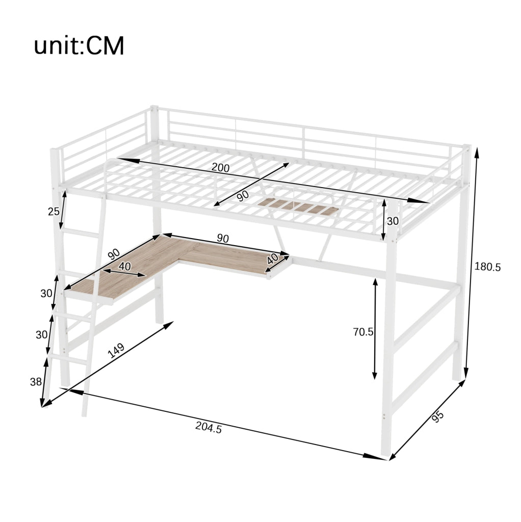 LETTO a soppalco 90x200 cm in metallo bianco con scrivania L e ripiano
