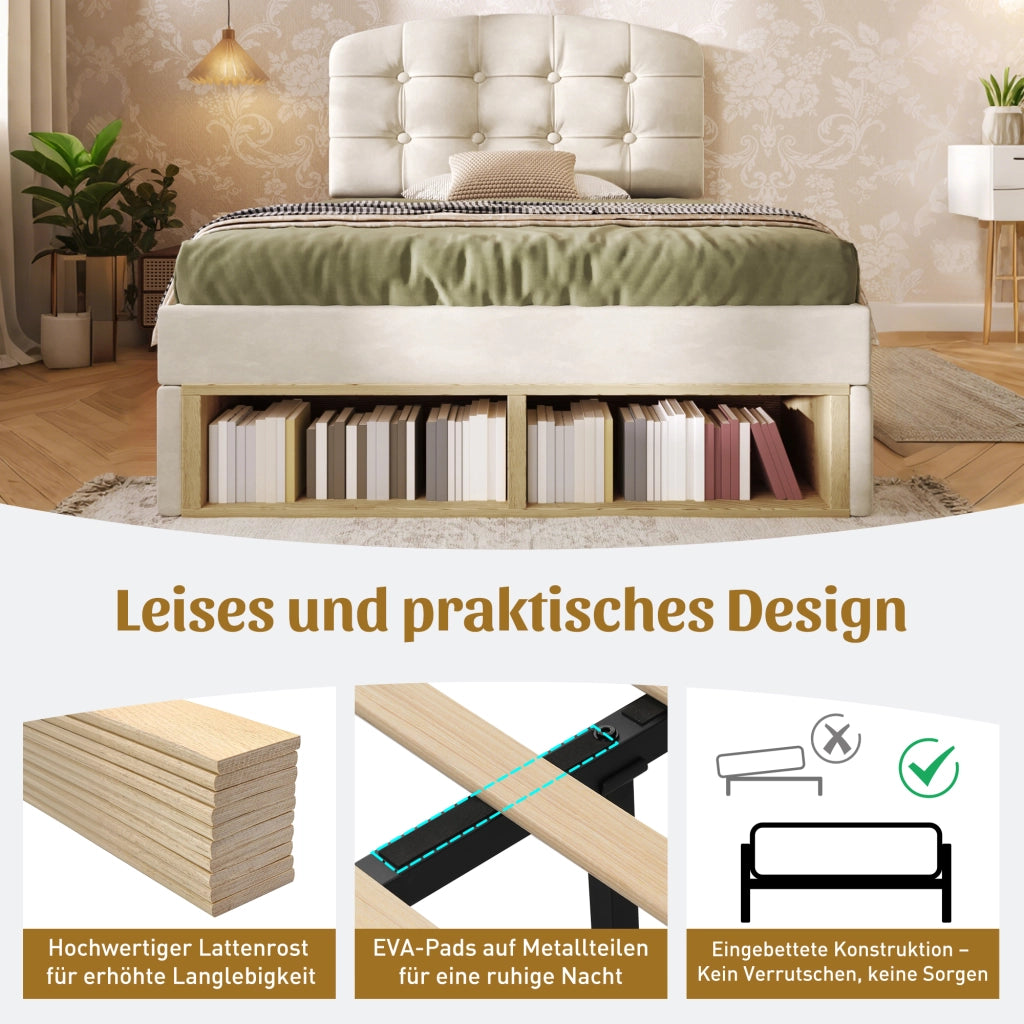 Letto singolo 90 × 200 cm con cassetti e vani portaoggetti; senza materasso; in velluto beige