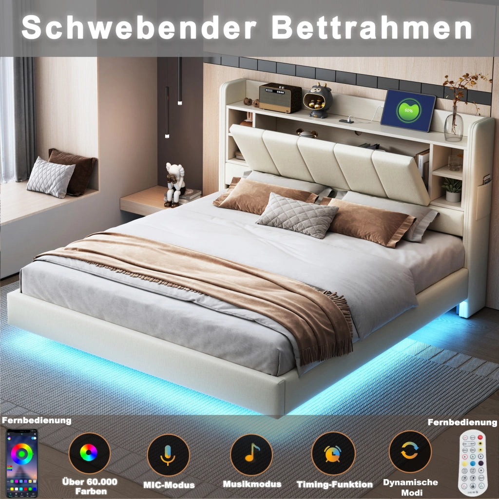 Letto matrimoniale imbottito 160 × 200 cm con LED porta USB vani e mensole testiera in lino beige