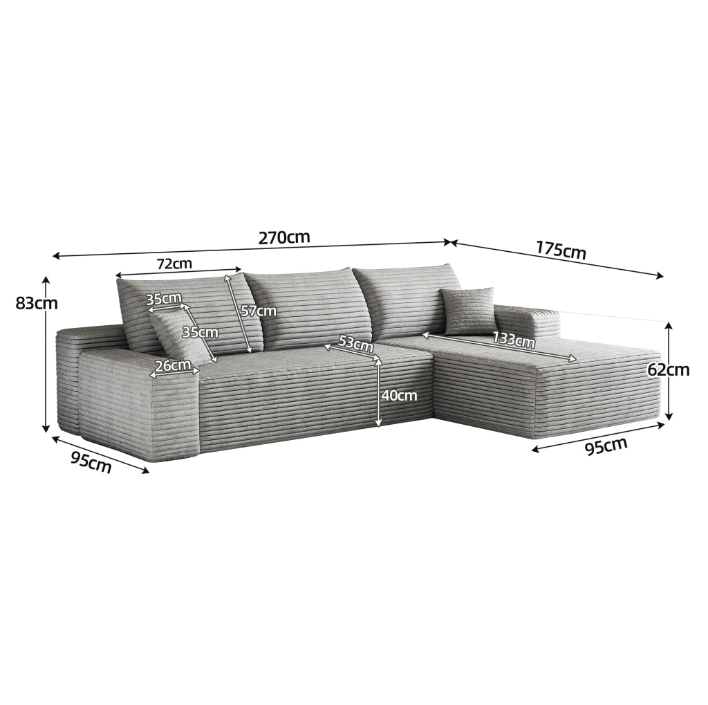 Divano modulare angolare grigio 270 cm con chaise longue a L in velluto a coste, senza montaggio