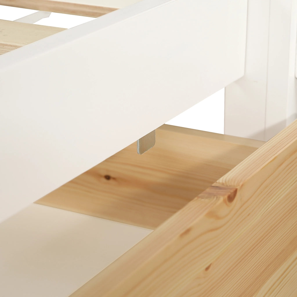 Letto a casetta 90 × 200 cm struttura a L con cassetto su ruote ripiani rete a doghe in legno bianco