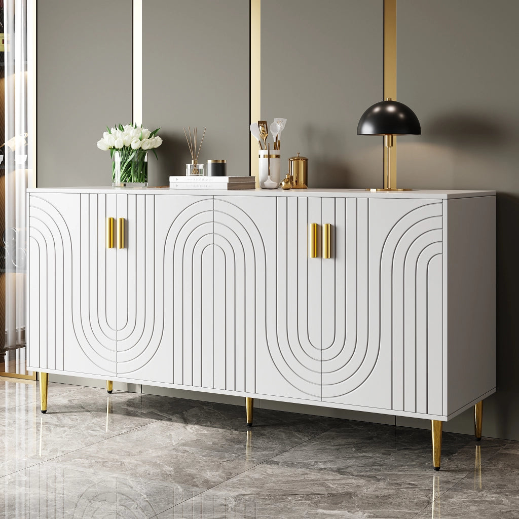 Credenza 2 ante e 4 vani, frontali ondulati e piedini dorati, per soggiorno e sala da pranzo, bianca, 152 × 40 × 75 cm