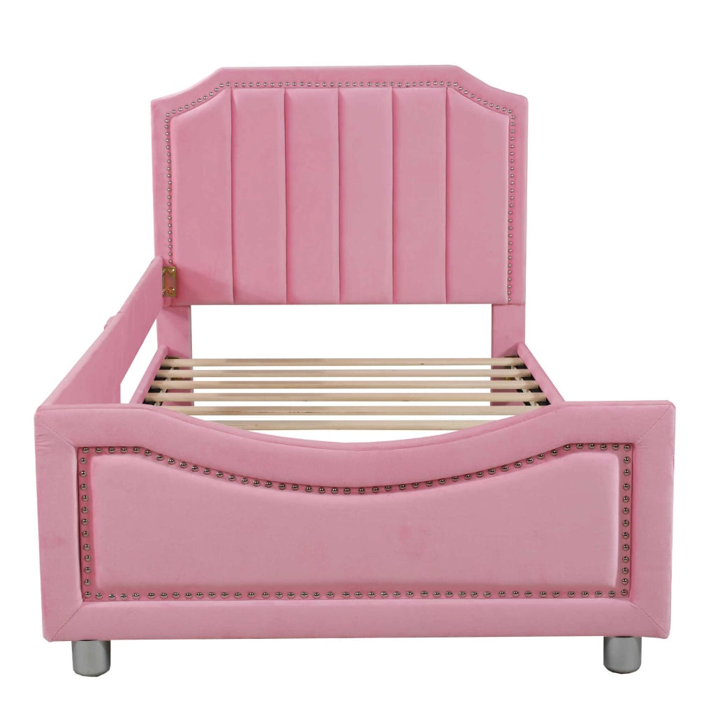 Letto singolo imbottito 90x200 cm rosa con schienale e braccioli, senza materasso