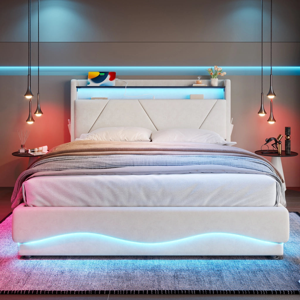 Letto matrimoniale imbottito 140 × 200 cm con contenitore velluto beige LED USB e Type-C testiera con ripiani