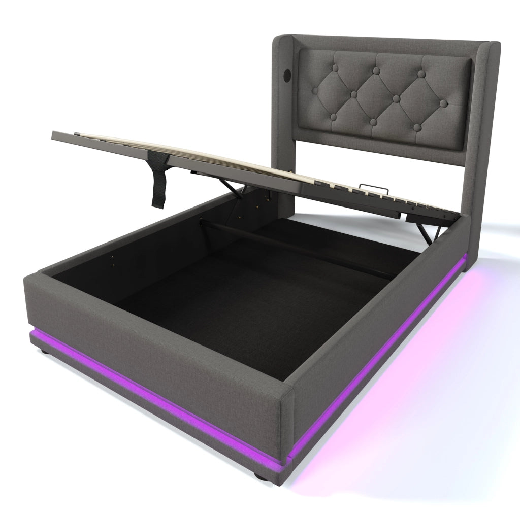 Letto singolo imbottito con contenitore 90x200 cm; cotone grigio; LED e USB Type-C