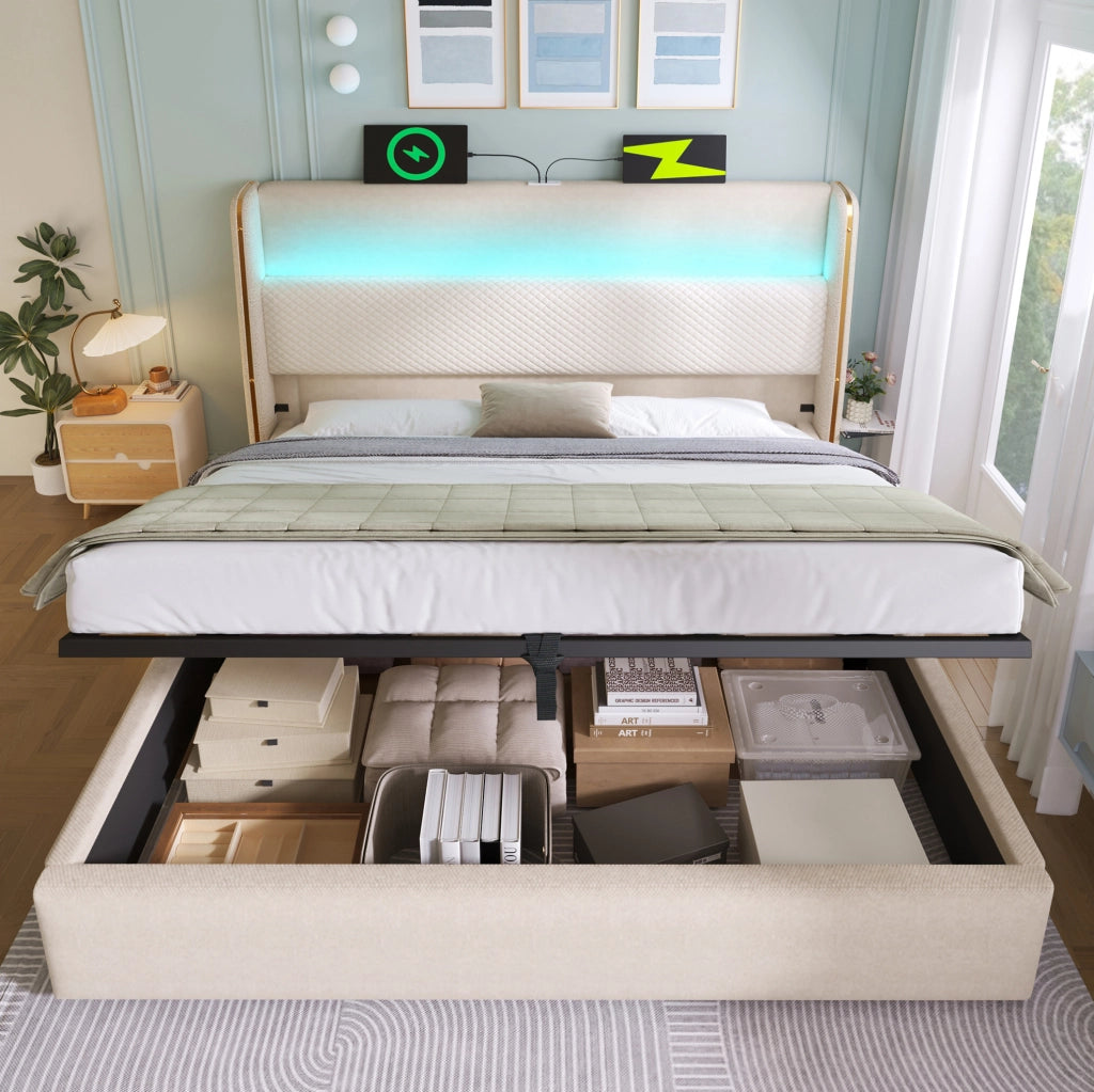 Letto contenitore idraulico 180x200 cm con testiera alta; LED; USB/Type-C; materasso; beige