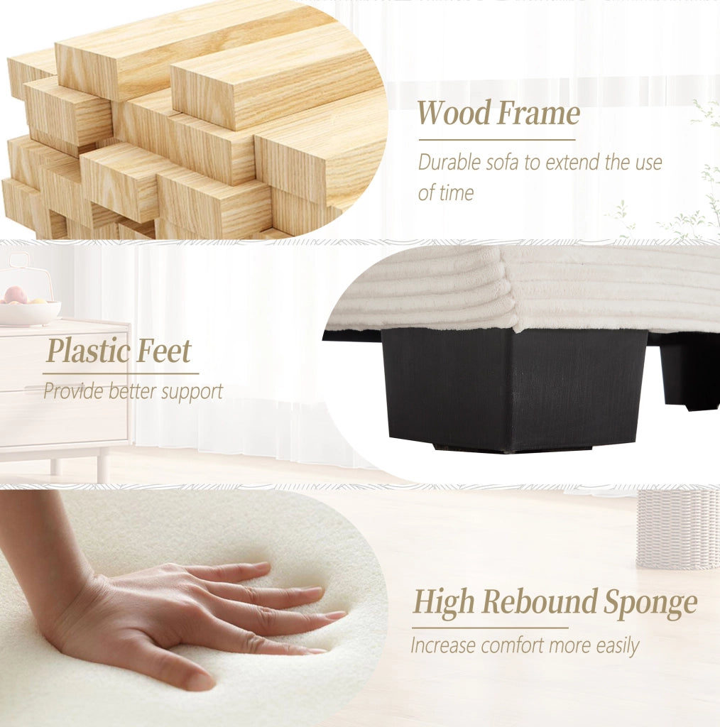 Divano a due posti in velluto beige con struttura in legno e gambe in plastica, 224x81x81 cm