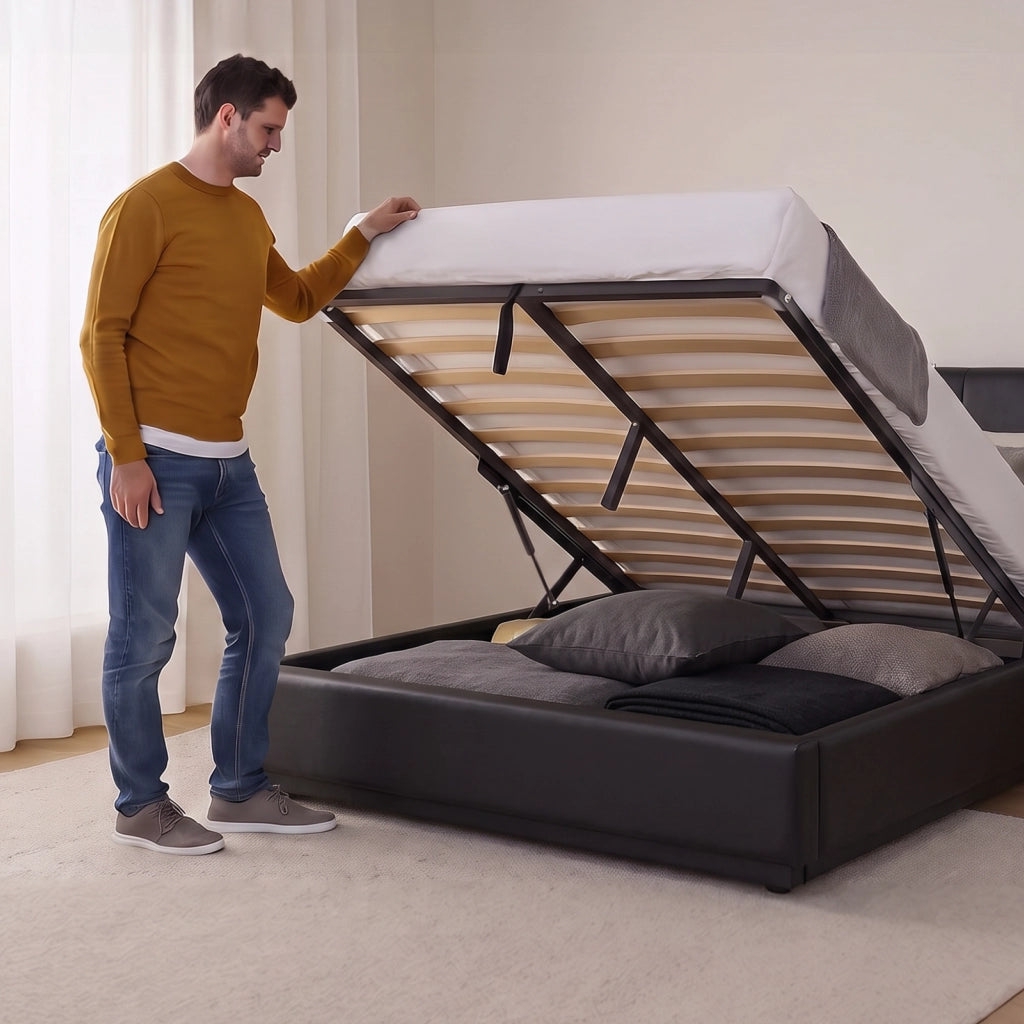 Letto Francese Contenitore Tröstiar a Luce LED con Materasso 140x200 cm - Similpelle Nero [en.casa]