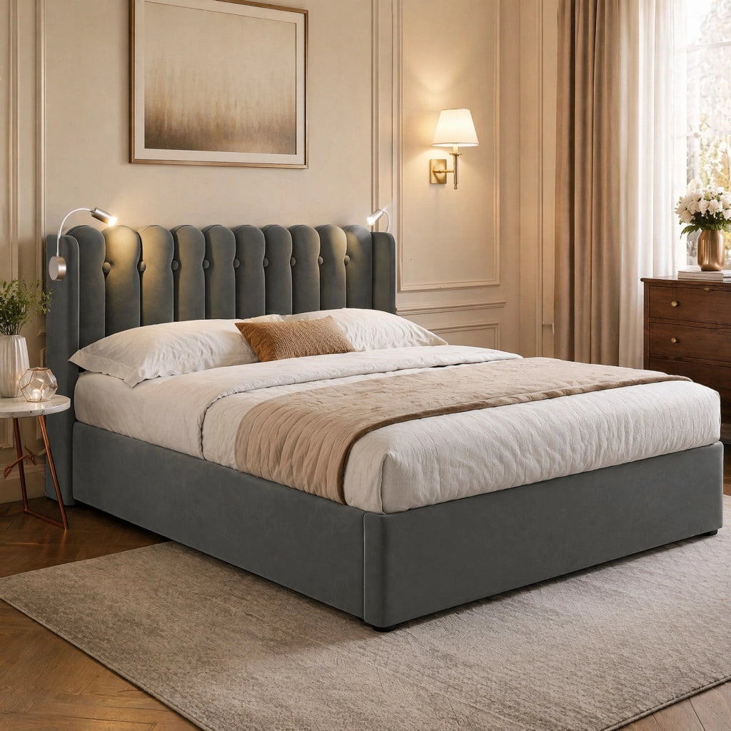 Letto matrimoniale contenitore 140x200 cm in velluto grigio con luce da lettura e USB