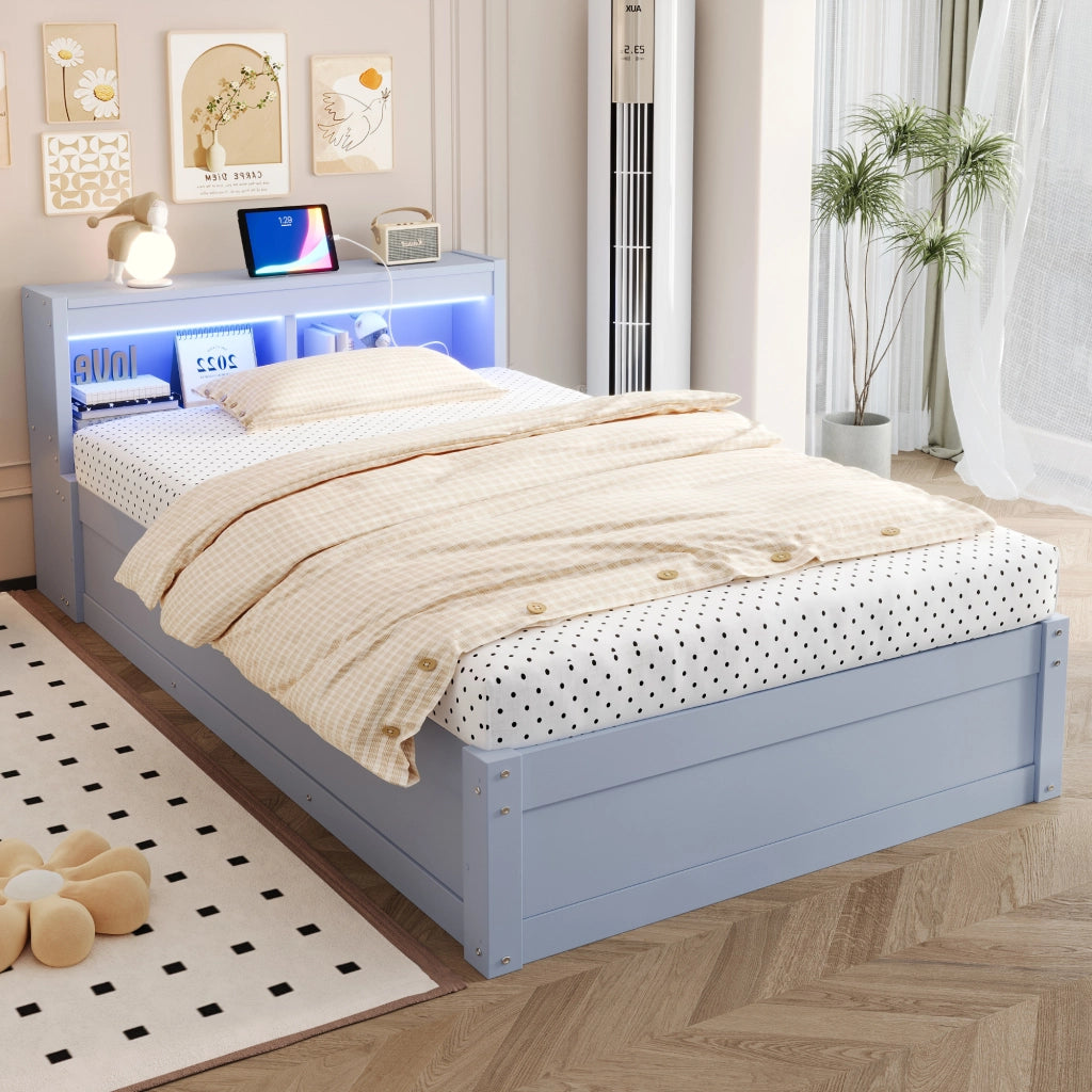 Letto singolo con contenitore 90 × 200 cm con testiera a vani; LED; presa integrata e sollevamento idraulico grigio