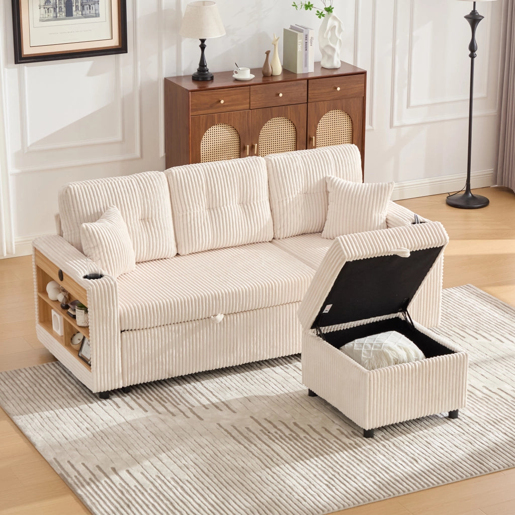 Divano letto estraibile in velluto a coste beige con vano contenitore USB-C e LED 196 × 82–144 × 85 cm