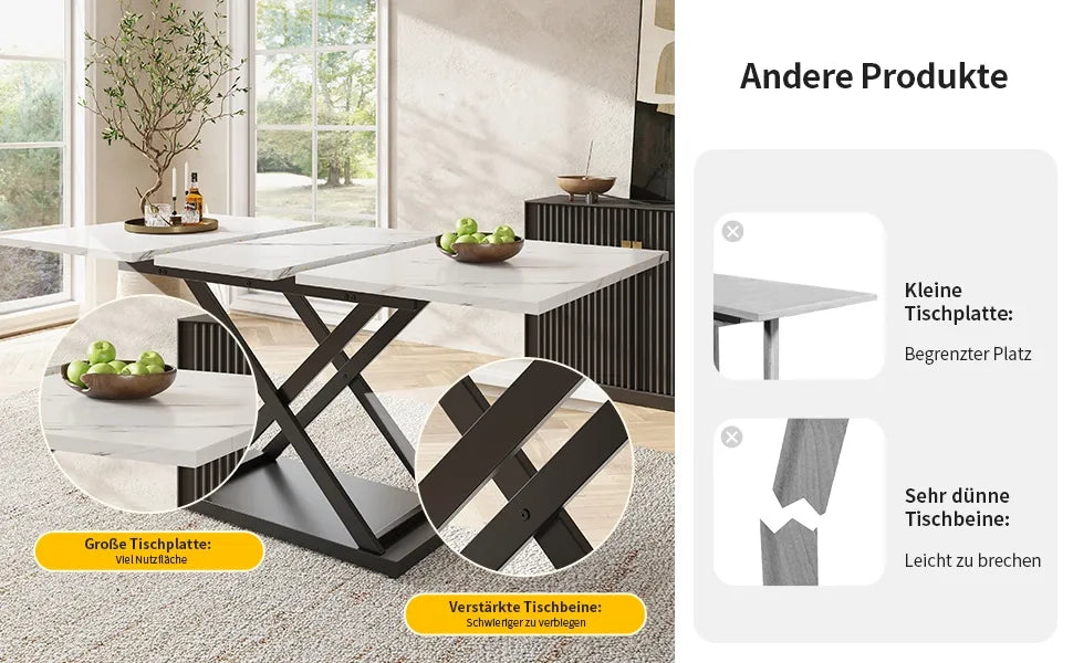 Tavolo da Pranzo Allungabile Telescopico 120-160x80 cm, Piano Bianco Marmorato, Gambe in Ferro Nere a Croce, Salvaspazio per Cucina e Soggiorno
