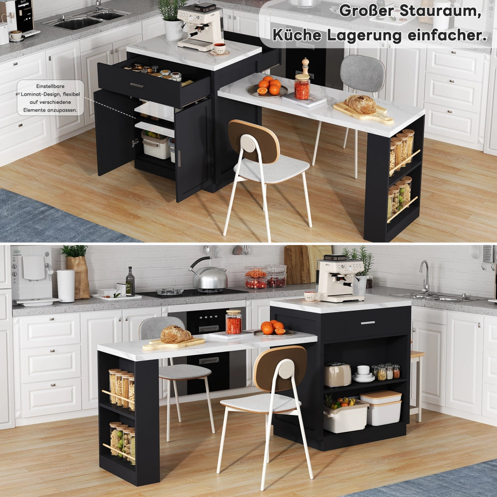 Mobile base da cucina con tavolo estraibile per 2–6 persone; prese USB; nero 211 × 55 × 89.5 cm