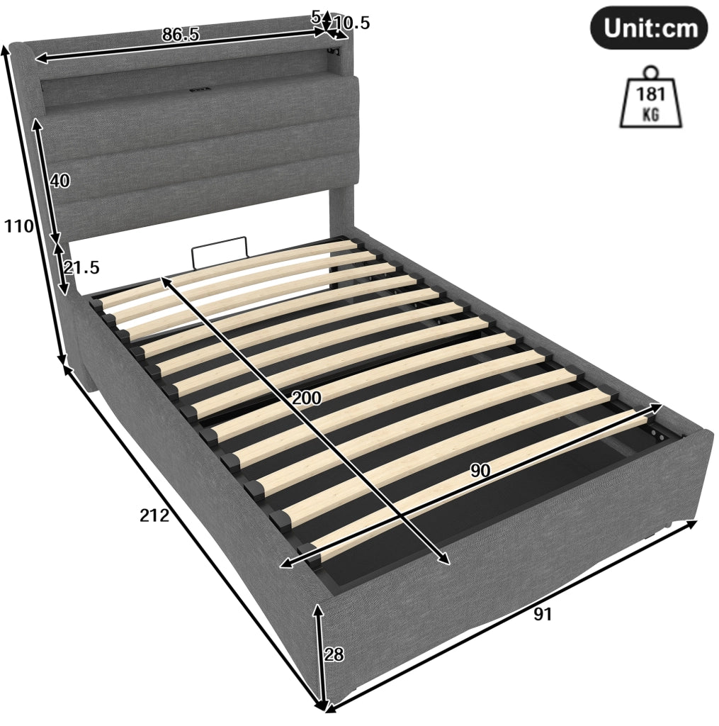 Letto imbottito con contenitore idraulico e LED 90x200 cm; lino grigio con USB e Type-C