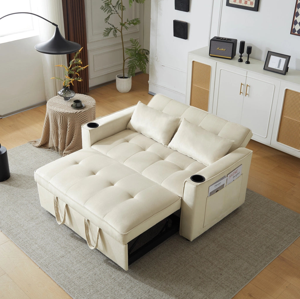 Divano letto ULEVR 137 cm in velluto beige, schienale regolabile a 3 posizioni con portabevande e tasche laterali