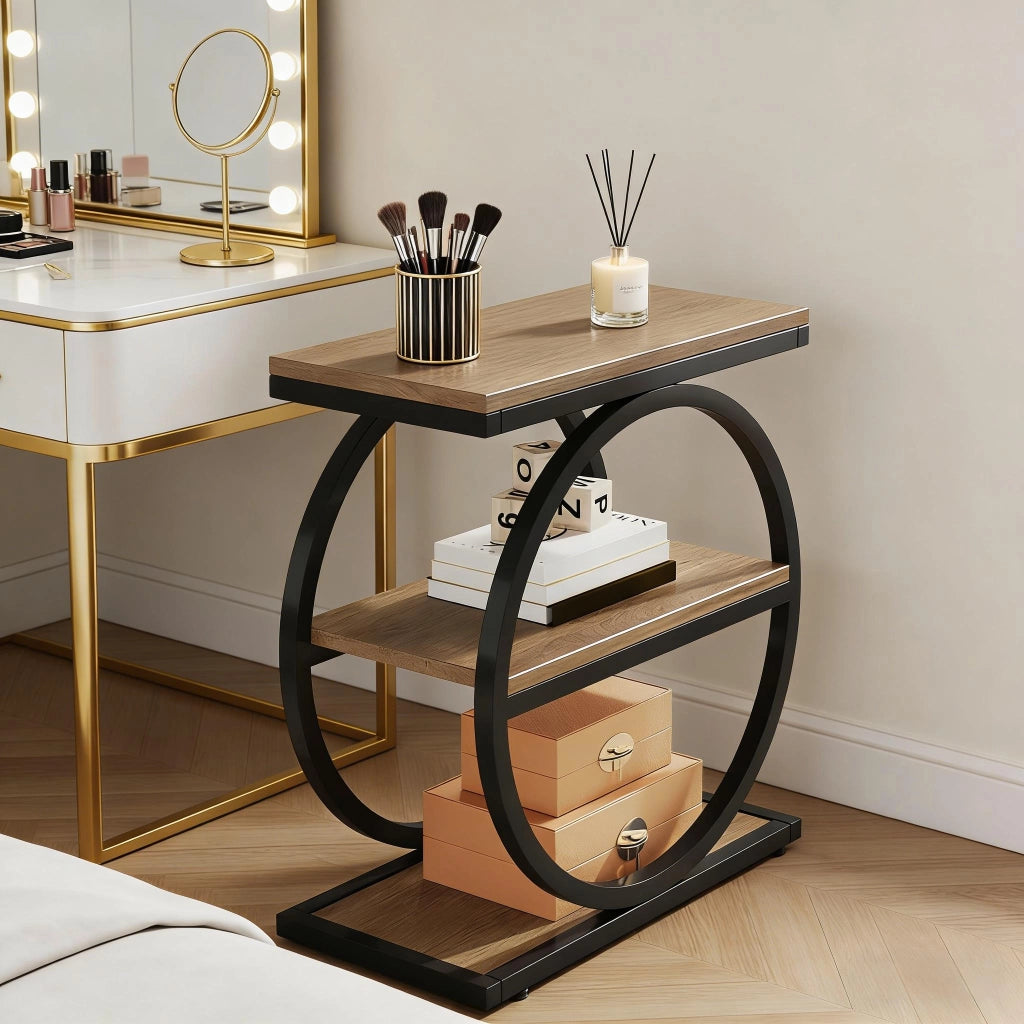 Tavolino basso a 3 ripiani in MDF e metallo, stile industriale, per soggiorno e camera da letto, nero e marrone