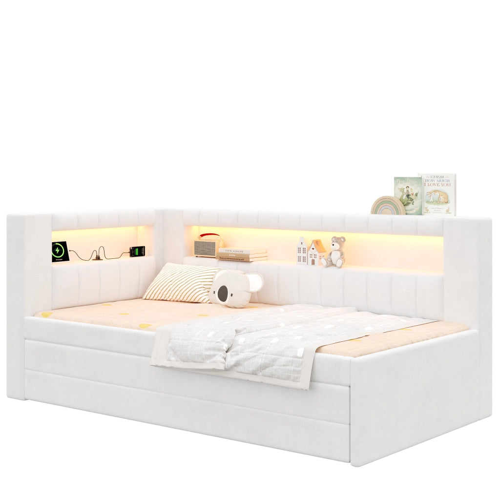 Letto singolo imbottito 90 × 200 cm con letto estraibile tre cassetti LED USB in MDF compensato bianco