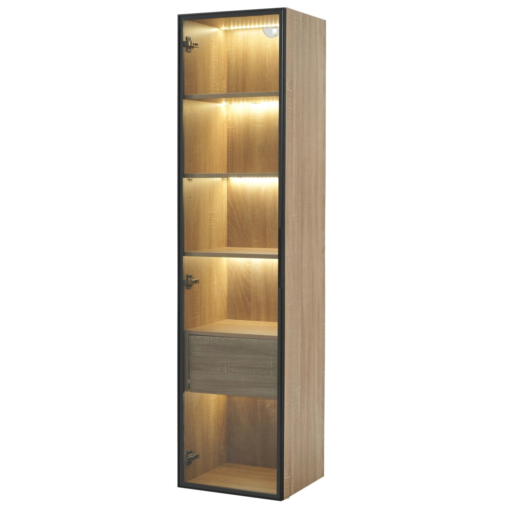 Mobiletto da bagno medio con luce, 40 cm di larghezza, 1 cassetto grande e 1 anta in vetro temperato