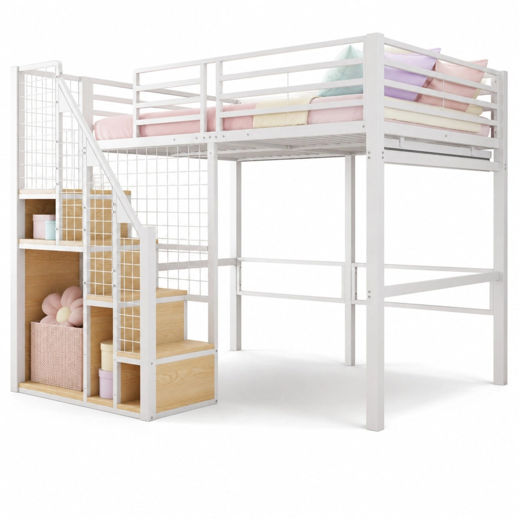 Letto a soppalco 140 × 200 cm con armadio integrato e scala in metallo e MDF